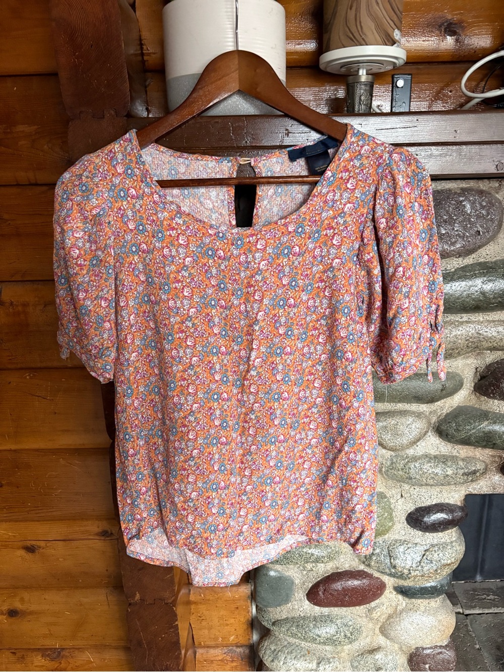 RACHEL Rachel Roy Orange Floral 100% Rayon Tie Sleeve Blouse Size S